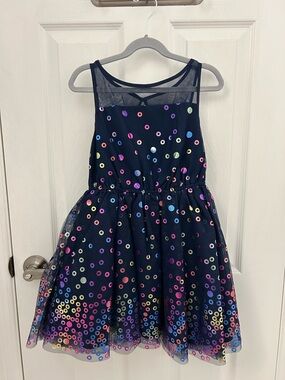 Navy Tulle Dress with Iridescent Polka Dots, Sz 7-8